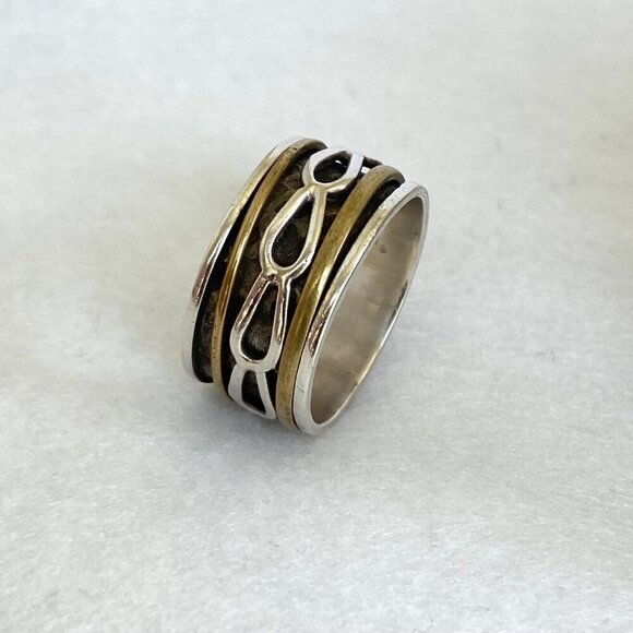 Sterling Silver 925 India Two Tone Brass Wide Multiple Band Spinner Ring Sz 7.5 - Picture 5 of 14